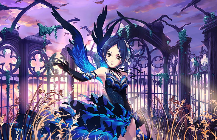 Anime Girls, Hayami Kanade, kurzes Haar, Anime, Kleid, Flügel, Ellbogenhandschuhe, blaues Haar, HD-Hintergrundbild